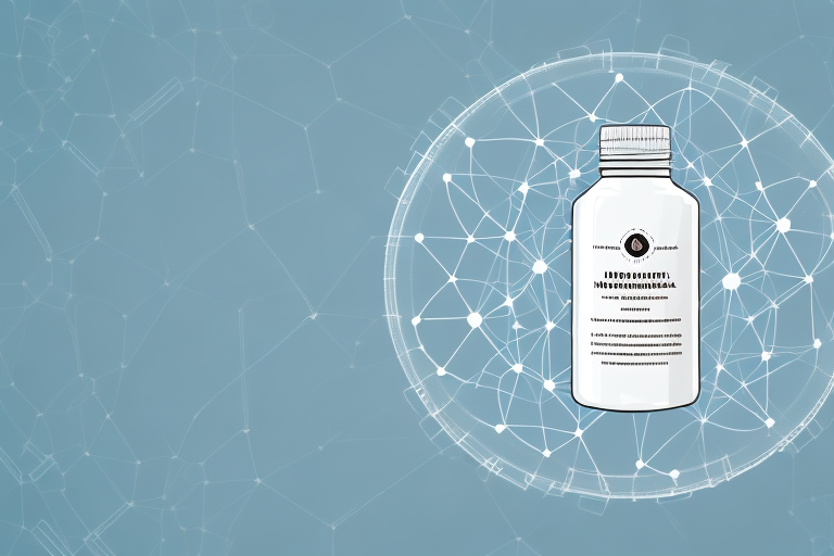 A homeopathic medicine bottle surrounded by a network of interconnected lines