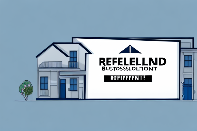 A real estate development building with a large "referral" sign in front