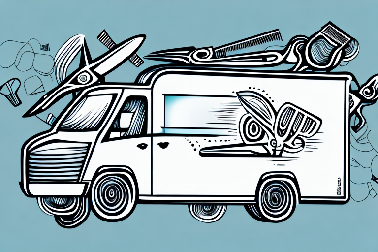 A mobile haircuts van with scissors and combs in the background
