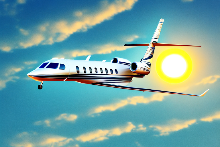 A private jet flying through a sky with a sun setting in the background