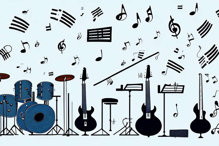 A music lesson room with instruments and music notes in the air