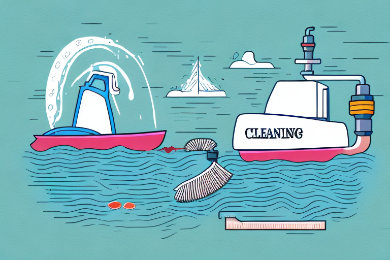A boat being cleaned with a variety of cleaning tools and products