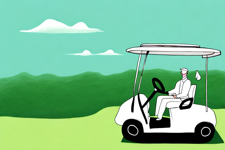 A golf cart driving through a scenic landscape