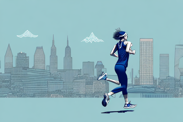 A person running in athletic apparel with a backdrop of a city skyline