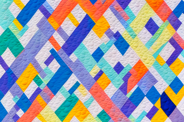A quilt with a variety of colorful quilting supplies surrounding it
