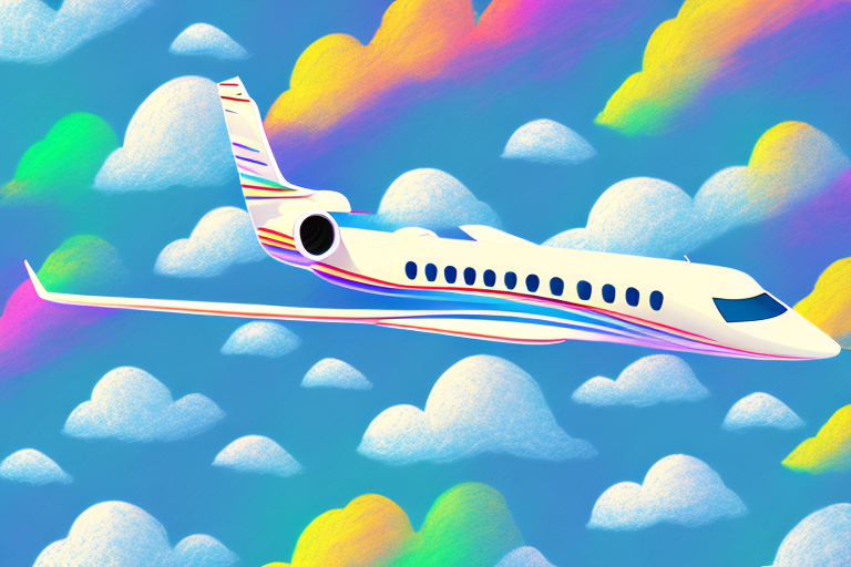 A private jet flying through a sky filled with colorful clouds