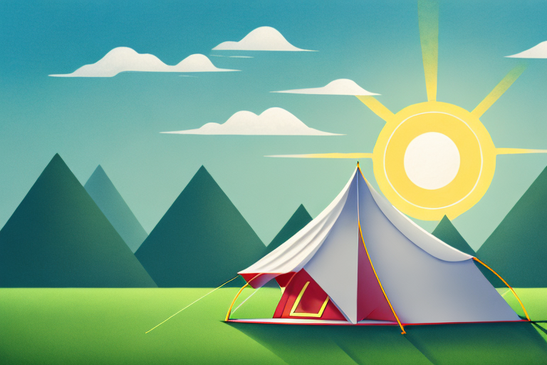 A tent in a landscape setting with a sun in the sky