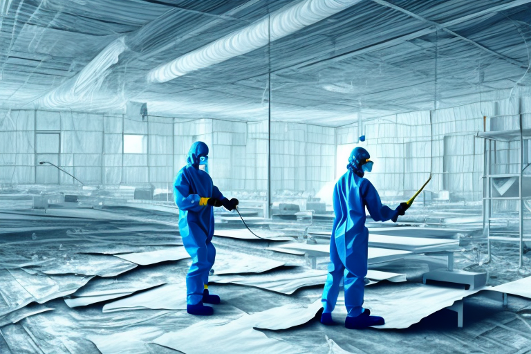 An asbestos-filled room with a worker in protective gear removing the asbestos