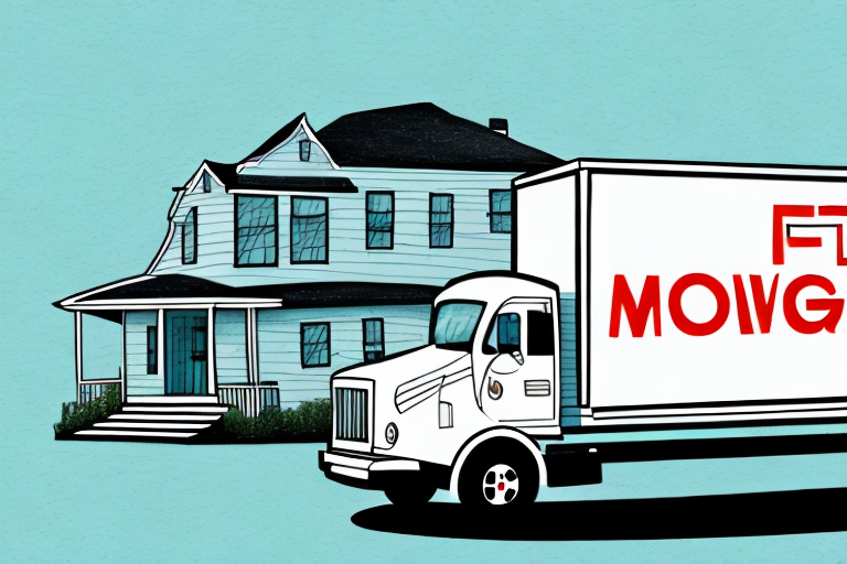 A moving truck with a house in the background to represent a moving services business