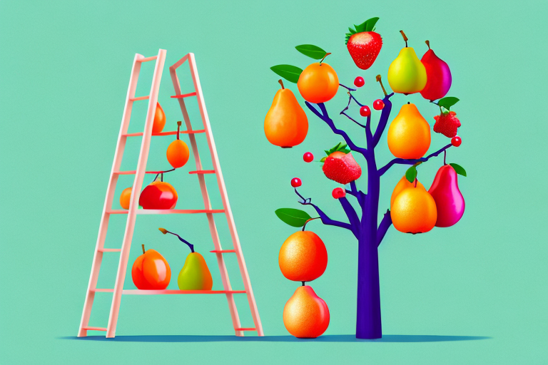 A colorful fruit tree with a ladder and a basket of ripe fruit at the bottom
