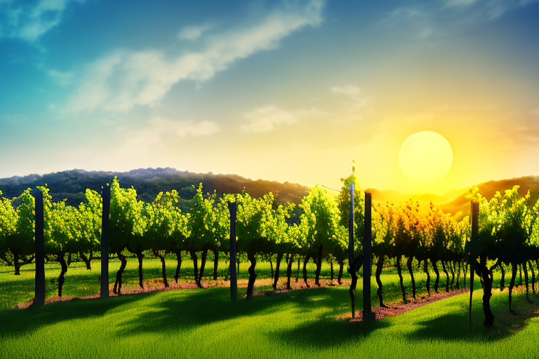 A vineyard with a sunset backdrop