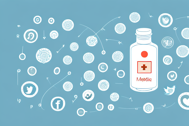 A homeopathic medicine bottle with a background of a computer and social media icons