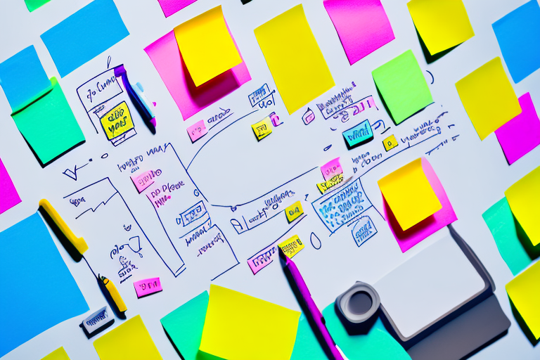 A colorful event planning board with post-it notes