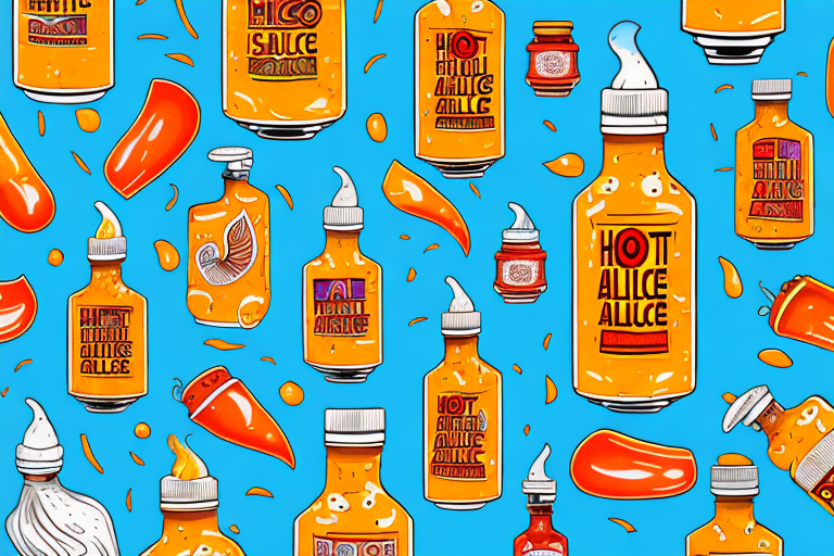 A hot sauce bottle with a vibrant background of colors and shapes