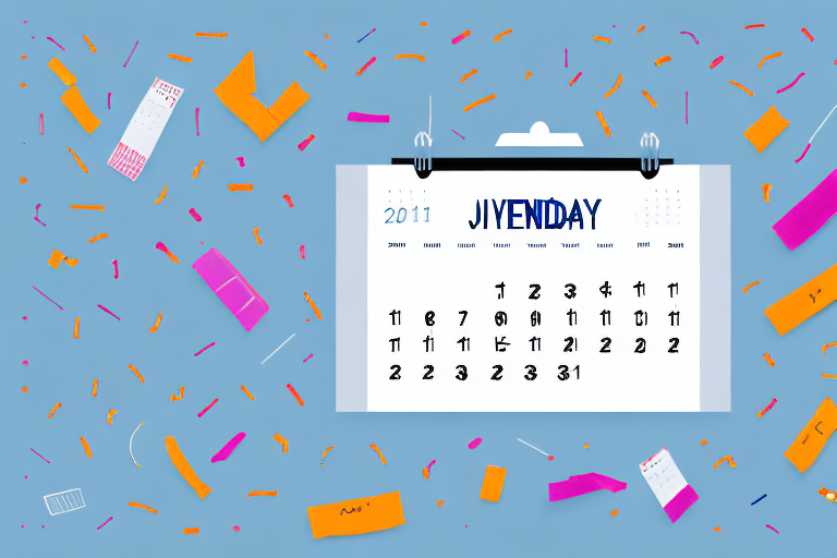 A calendar with colorful event planning-related items and symbols surrounding it