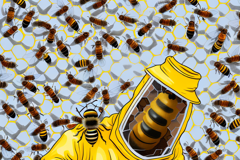 A beekeeper in a bee suit surrounded by a swarm of bees and a selection of beekeeping supplies