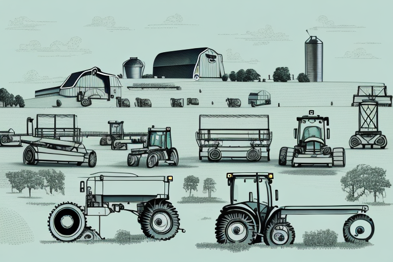 A farm with machinery and equipment in the foreground