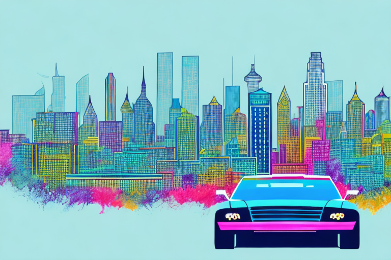 A limousine driving through a cityscape with a bright and vibrant skyline