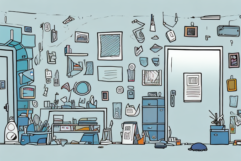 A cluttered room with a door open