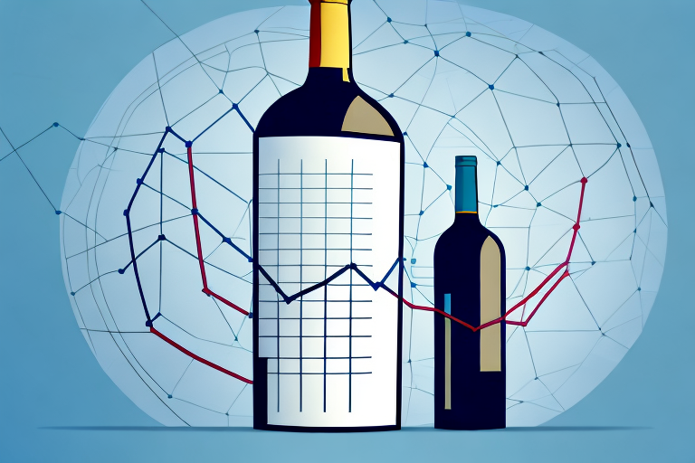 A wine bottle with a graph showing the growth of an investment portfolio