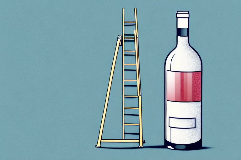 A wine bottle and glass with a ladder scaling up the side