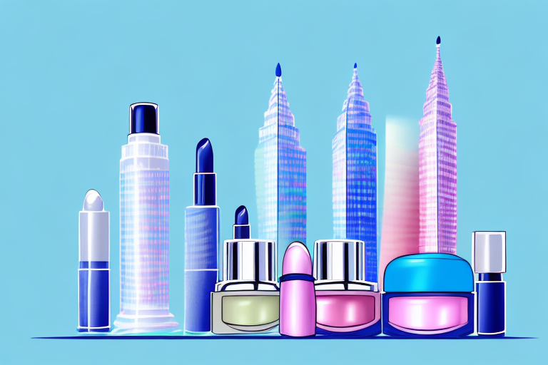 A skyscraper with a colorful cosmetics product on top