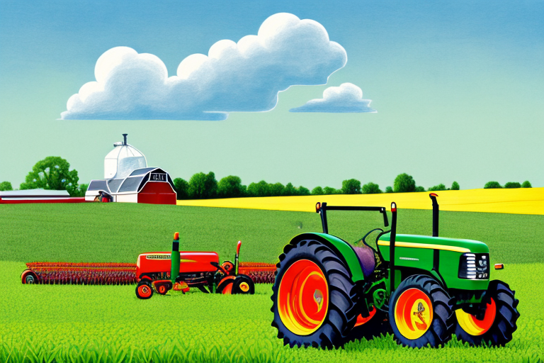 A farm with a variety of crops and a tractor in the foreground
