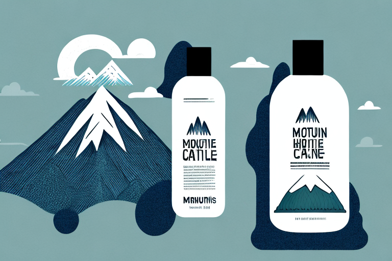 A bottle of hair care product with a mountain in the background