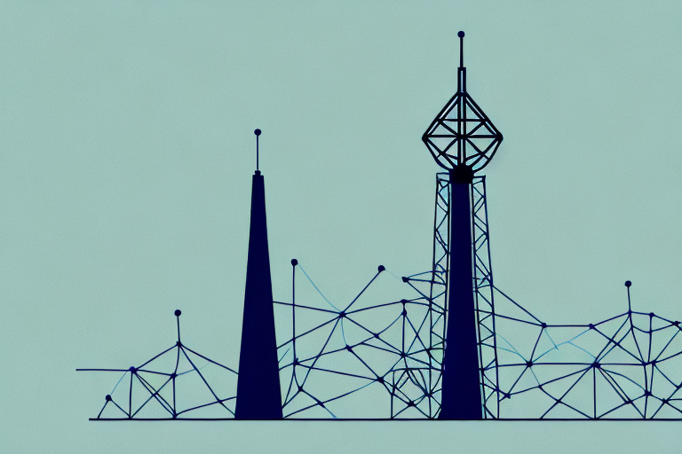 A radio tower with a rising graph of success behind it