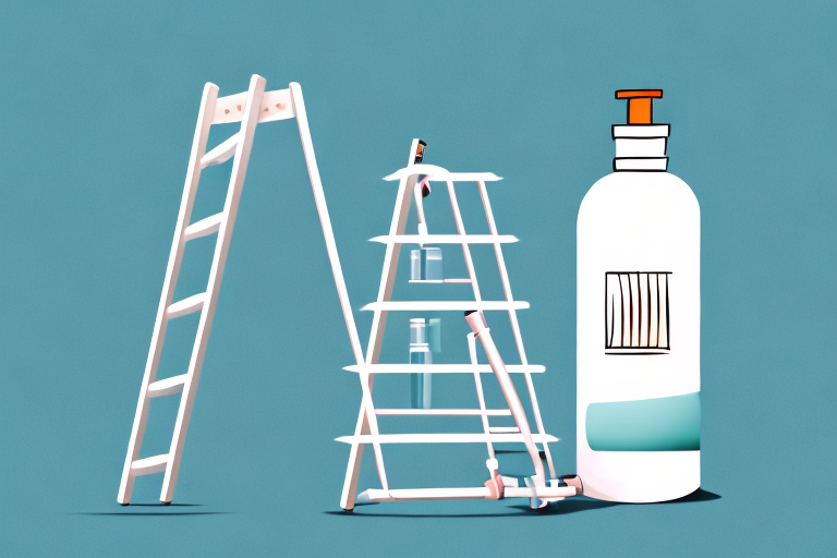 A bottle of hair care product with a ladder leading up to it