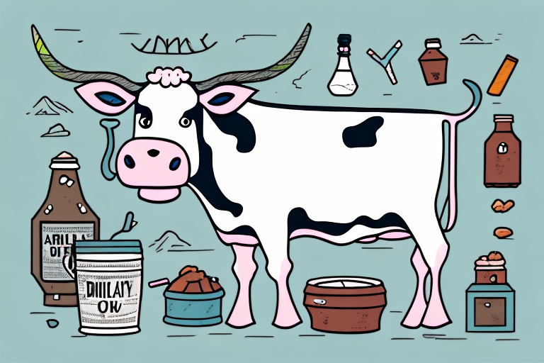 A cow in a barn surrounded by dairy products