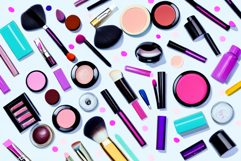 A colorful cosmetics shelf with products of various sizes and shapes