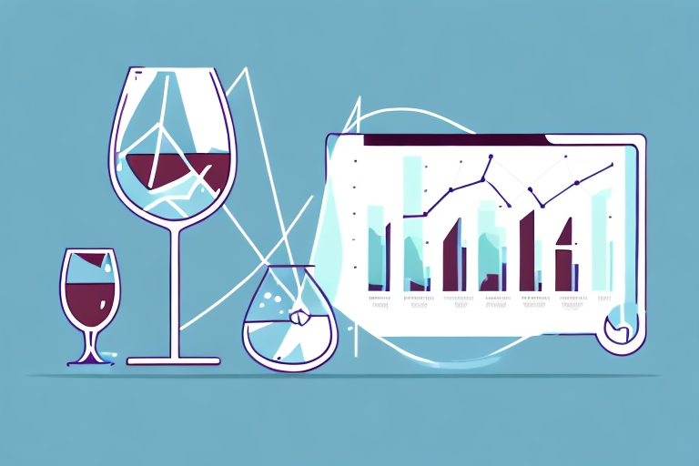 A wine bottle and glass with a graph or chart showing the growth of an online business