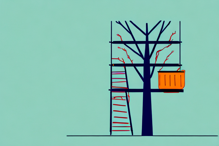 A tree with a ladder and tools around it