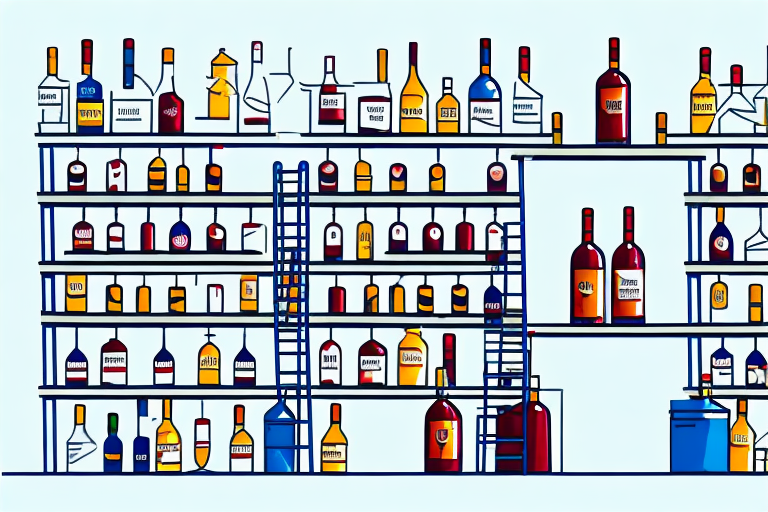 A wine and spirits store with shelves full of bottles and a ladder reaching up to the top shelf