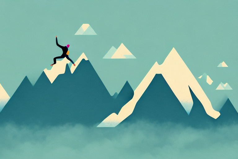 A mountain range with a person climbing up the highest peak