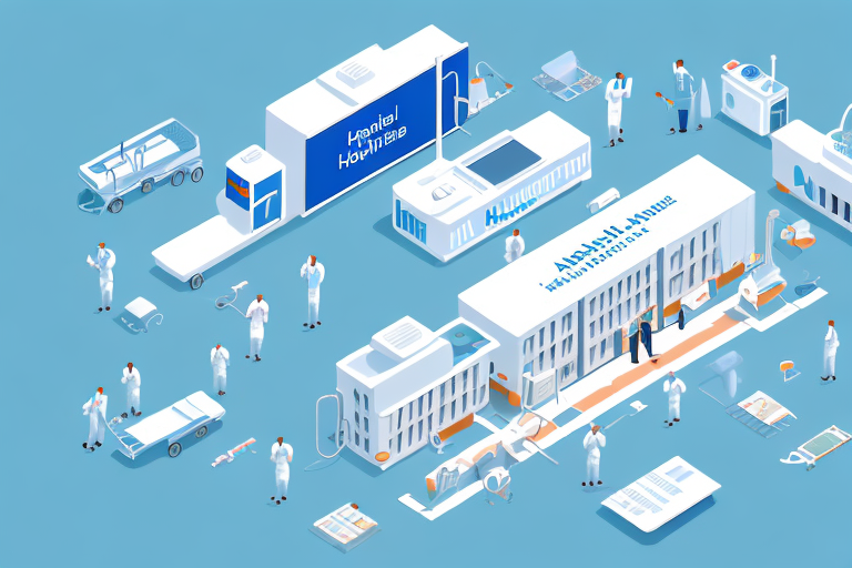 A hospital or healthcare facility with a service-based business scaling up in the background