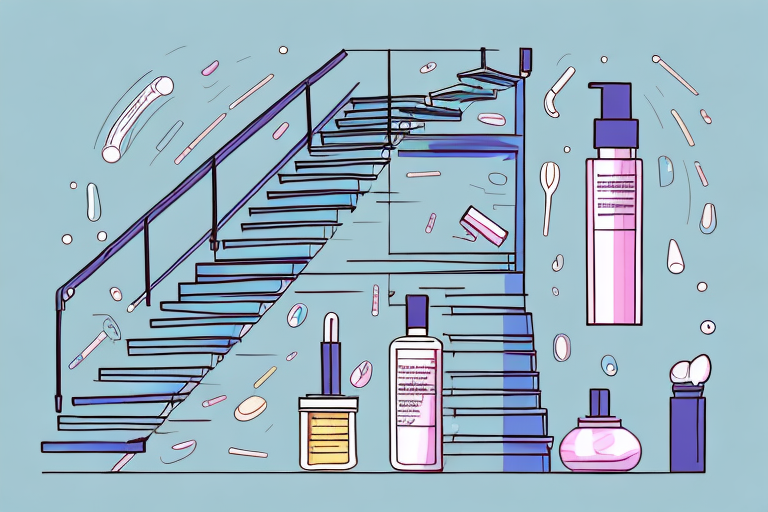 A staircase with various health and beauty products on each step
