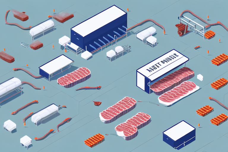 A meat processing and packaging facility with a conveyor belt and machinery