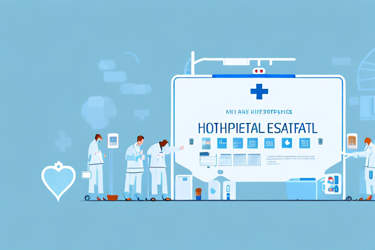 A hospital or healthcare facility with a product-based business scaling up in the background