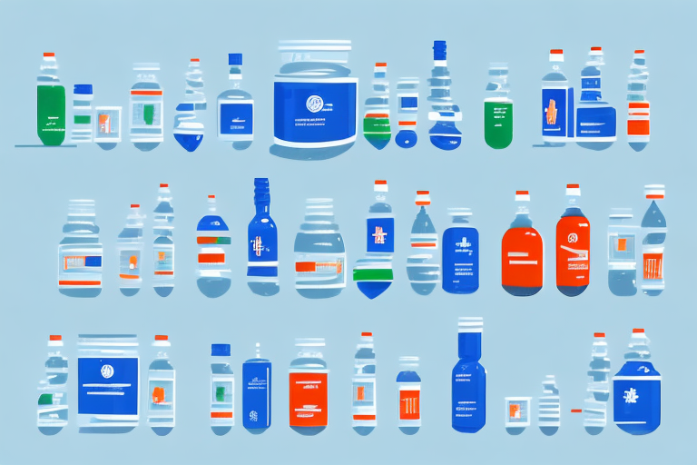 A large pharmaceutical factory with a conveyor belt and a variety of bottles and containers