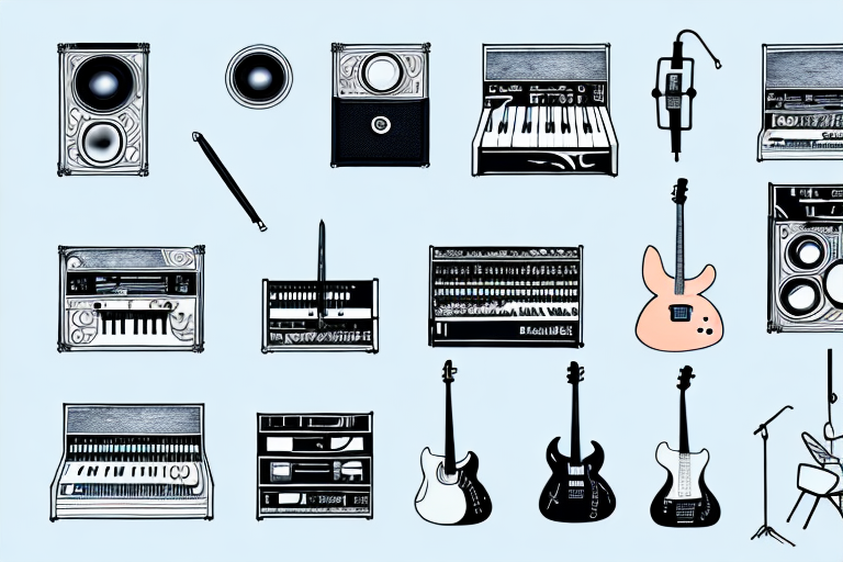 A music production studio with a variety of instruments and equipment