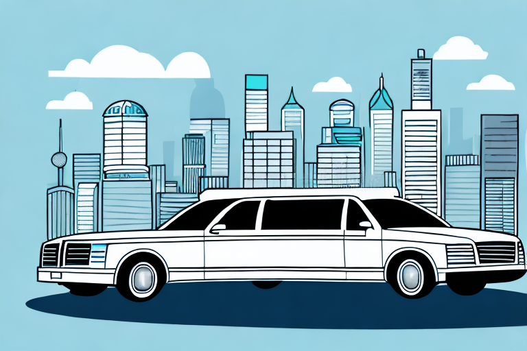 A limousine driving through a cityscape with a search engine logo in the sky