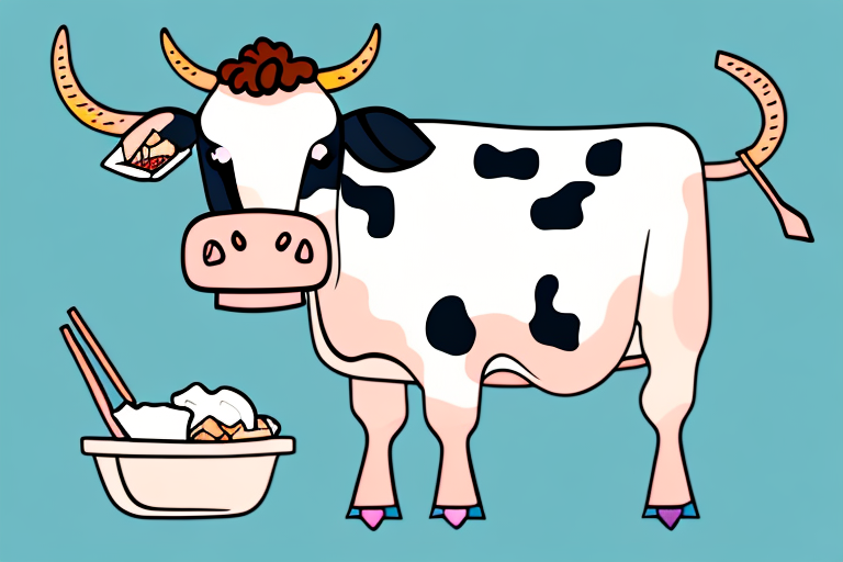 A cow surrounded by dairy products