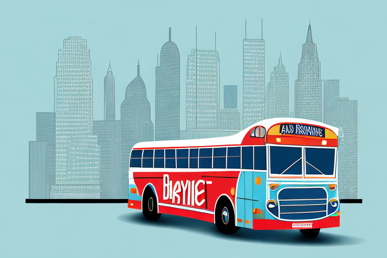 A cityscape featuring a bus with a transit advertisement on its side
