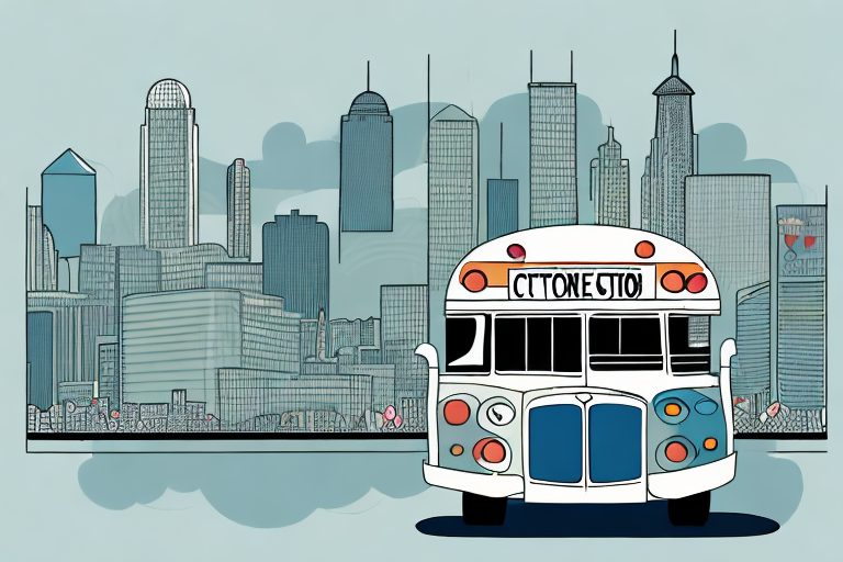 A cityscape with a bus featuring a transit advertisement for a food-related product or service
