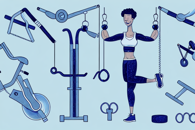 A person in a dynamic pose surrounded by fitness equipment