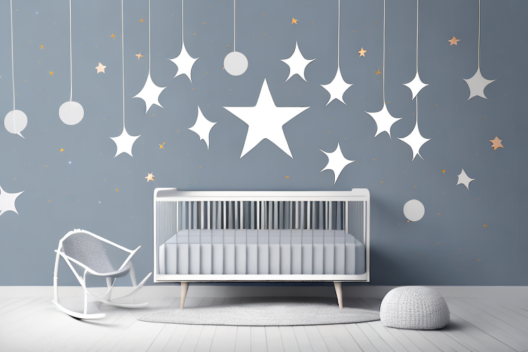 A baby's room with a mobile of stars and planets hanging above the crib