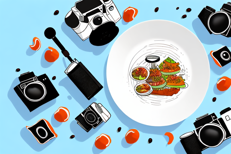 A plate of food with a camera and microphone in the foreground