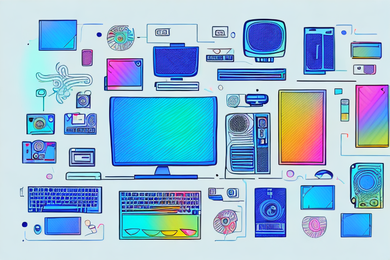 A computer with a colorful array of tech gadgets around it